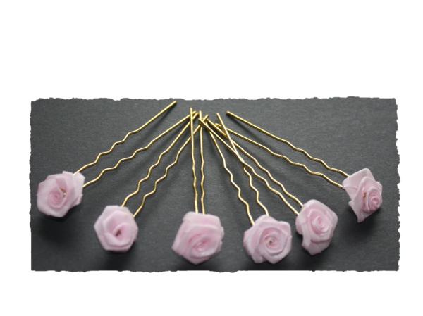 Haarschmuck - 6 goldfarbene Haarnadeln mit Rosen in der Farbe rosa